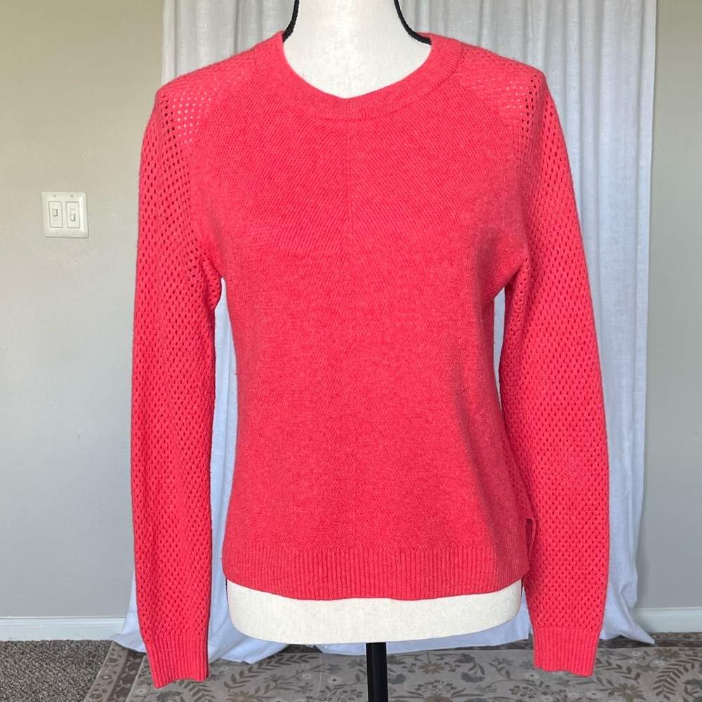 Margaret O’Leary Coral Red Cashmere Knit Sweater Open Knit Detail Size S